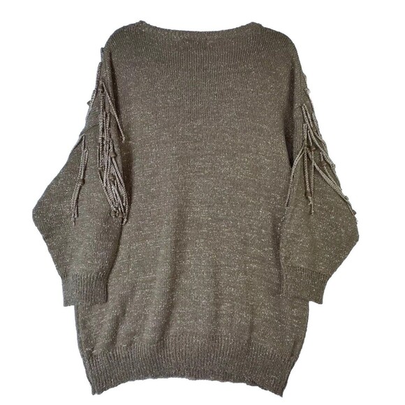 Vtg Sweater Plus Size 3X Brown Gold Cable-Knit Fringe Sparkle Disco Boho 80’s - Picture 2 of 7